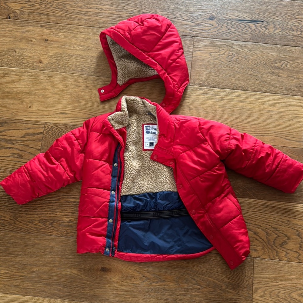 Red Hooded Puffer Jacket with Faux Fur Lining